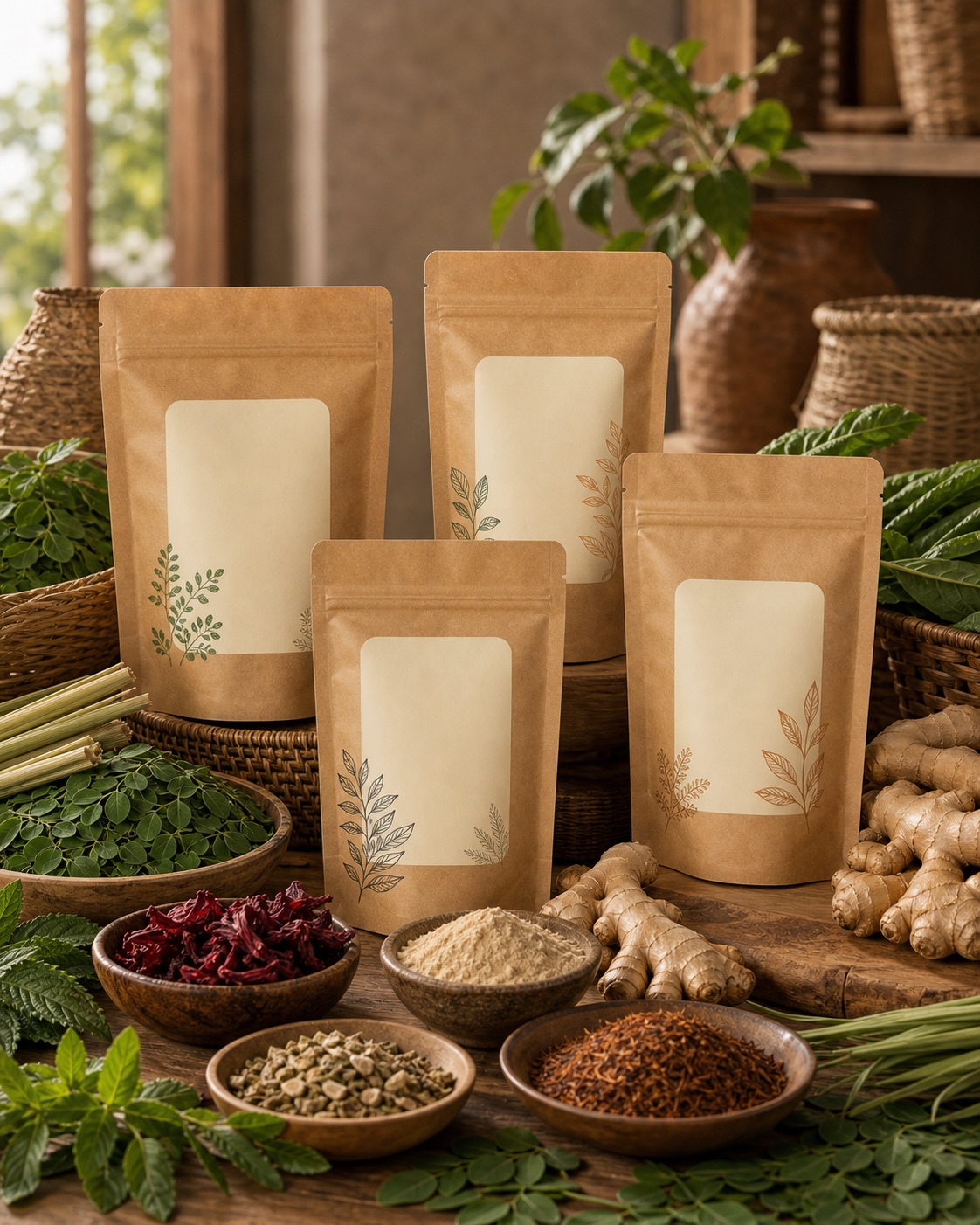 Herbal tea pouch collection with hibiscus ginger moringa lemongrass mint and citrus
