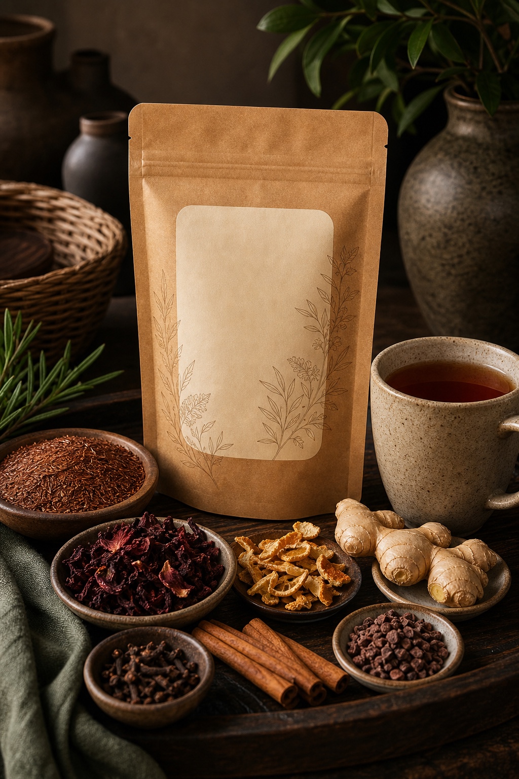 Rooibos Sorrel Spice warm tea pouch and ingredients